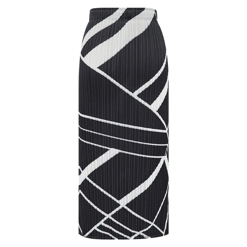 Miyake Geometric Line Knitted Skirt Women 2026 Autumn New High Waist Draped Texture Pleats Length Skirt Elegant Straight Skirt
