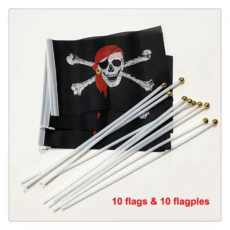 10 Pack Pirate Flag Jolly Roger Blackjack Corsair Skull and Cross-Bones Halloween Hand Held Small Stick Black Flags Decoration