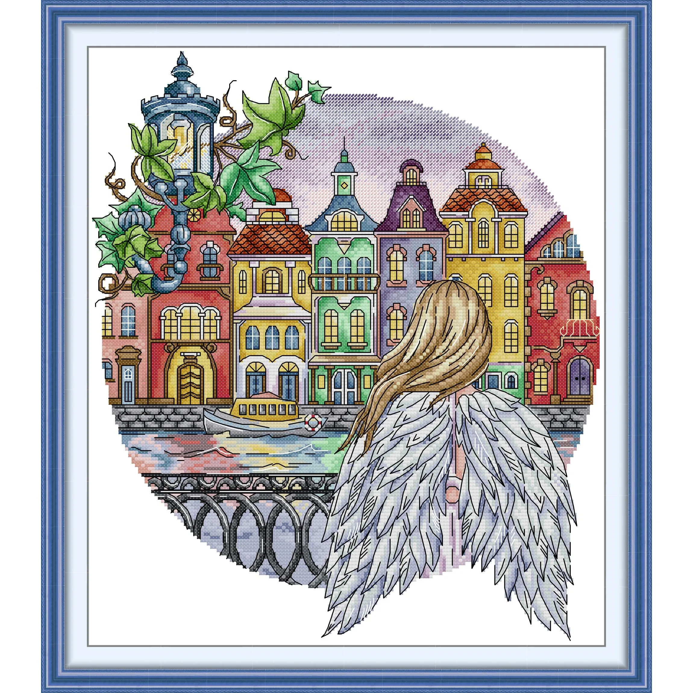 

Joy Sunday Pre-printed Cross Stitch Kit Easy Pattern Aida Stamped Fabric Embroidery Set-City Angel