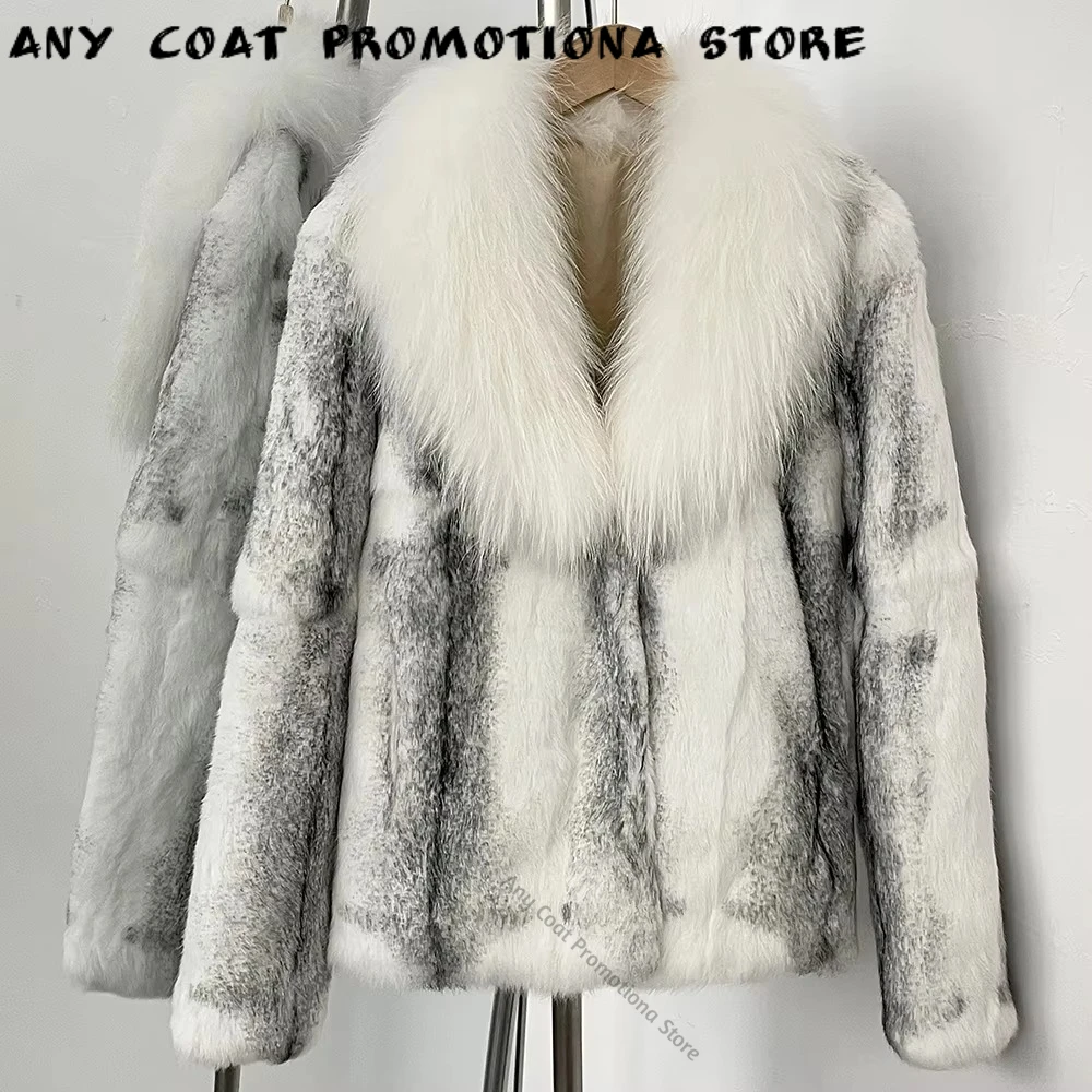 Real Rabbit Fur Jacket for Women Autumn Winter Fur Coat Thick Warm New Fox Fur Collar Wear Elegant Warm Fur Outerwear for Female