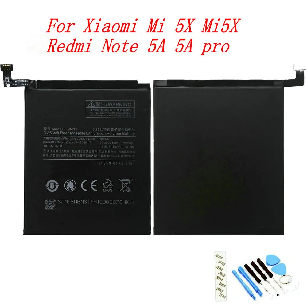 Original BN31 3000mAh Battery For  For Xiaomi Mi 5X/Xiaomi A1/Redmi Note 5A/Redmi Note 5A Prime/Redmi S2 Mobile Phone