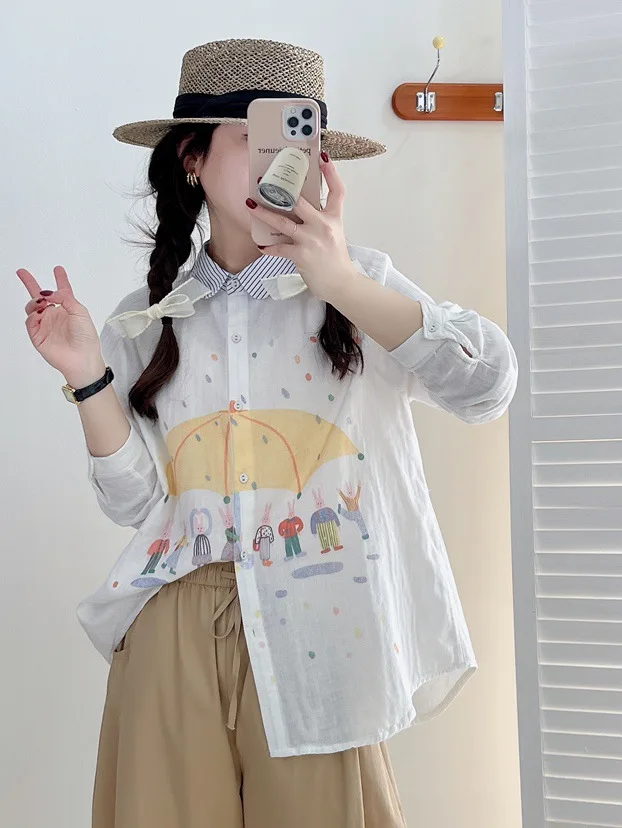 New Summer Cotton Long Sleeve Shirt, Women Lapel Cartoon Print Tops, Mori Girl Casual Loose Literature Blouse, Autumn T48681QC