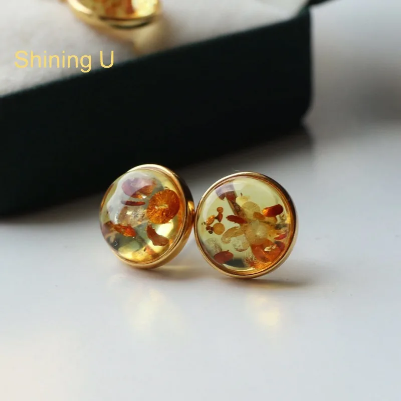 Shining U 925 Sterling Silver Round Amber Stud Earrings for Women Fine Jewelry Summer