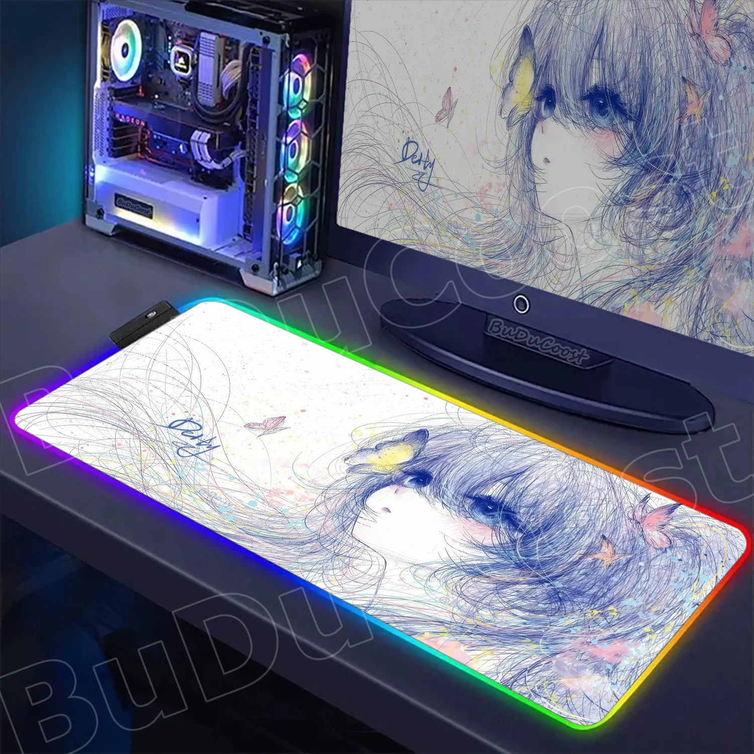 

Коврик для мыши RGB XXL LED с HD-изображением милой девушки в стиле линейной графики, 900 x 400 мм, резиновый коврик для компьютерной мыши, коврик для клавиатуры