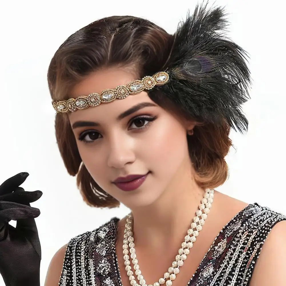 Secure Headband Vintage Gatsby Party Black Rhinestone Headband for Women 1920s Flapper Prom Hair Band with Feather Headpiece