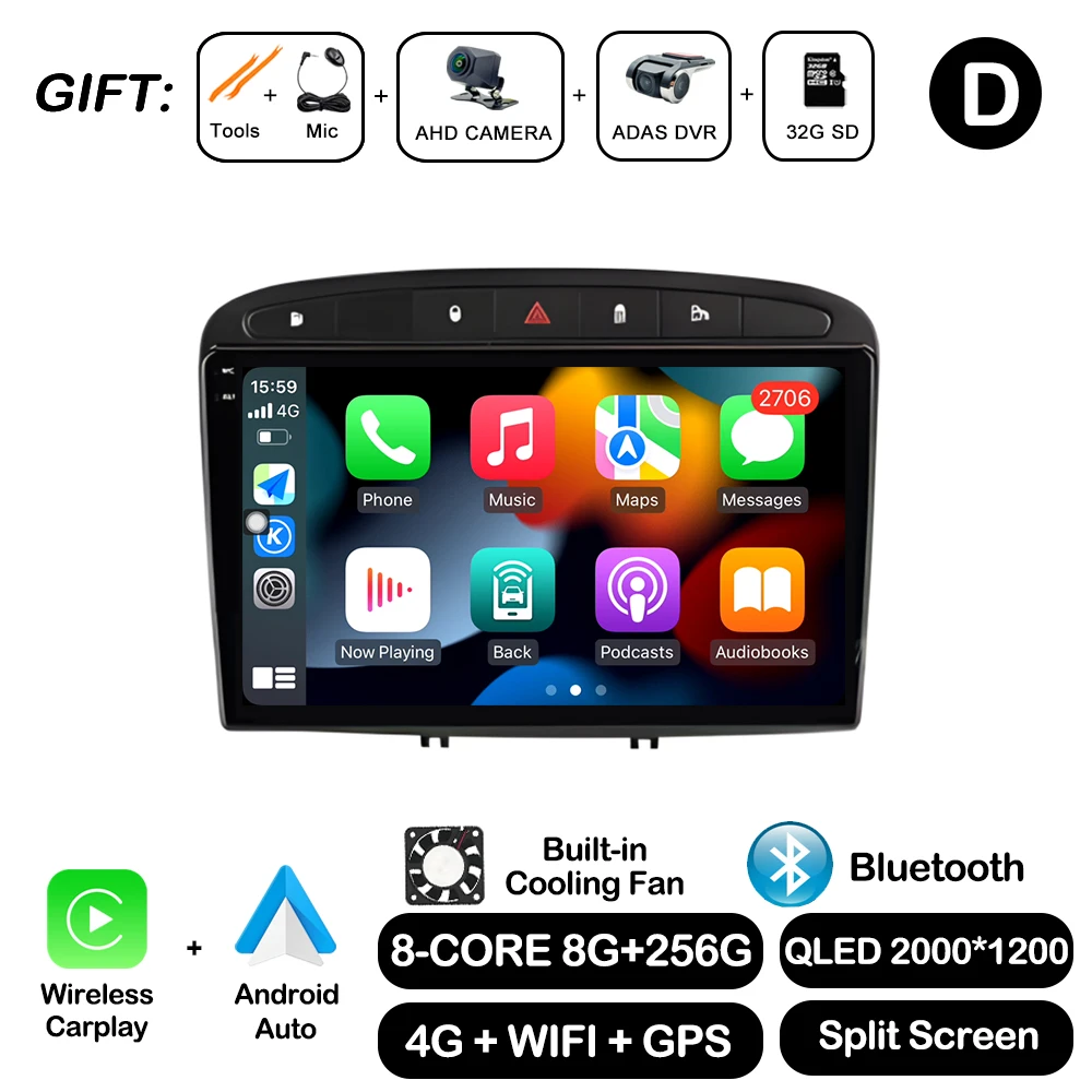 Android Auto voor Peugeot 308 SW 2007-2015 408 2012-2020 Draadloze Carplay Autoradio Multimedia Speler WiFi GPS Navigatie