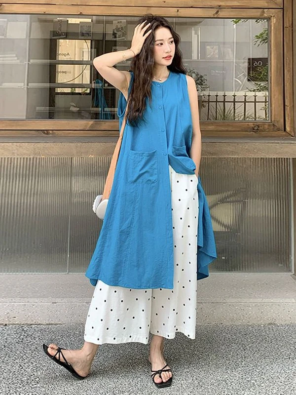 

Blue Sleeveless Vest Skirt Wide Leg Pants Two Piece Set Women's Fashion Unique Beautiful Summer New Style round Neck Button