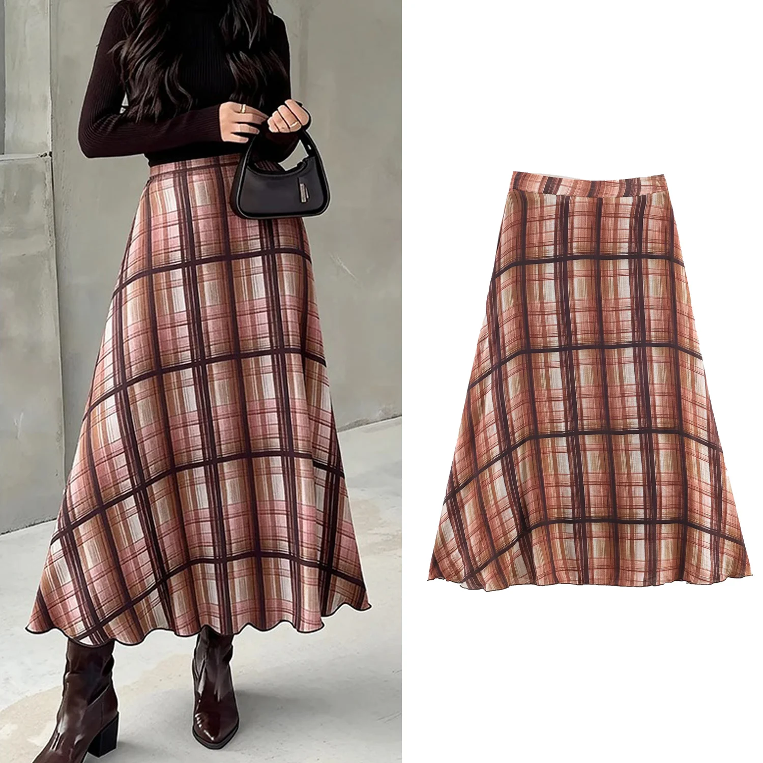 

Women Fashion Chic Elegant A-line Long Skirt Female Vintage Check Skirts New Printed Midi Skirt Casual Holiday Printed Skirts