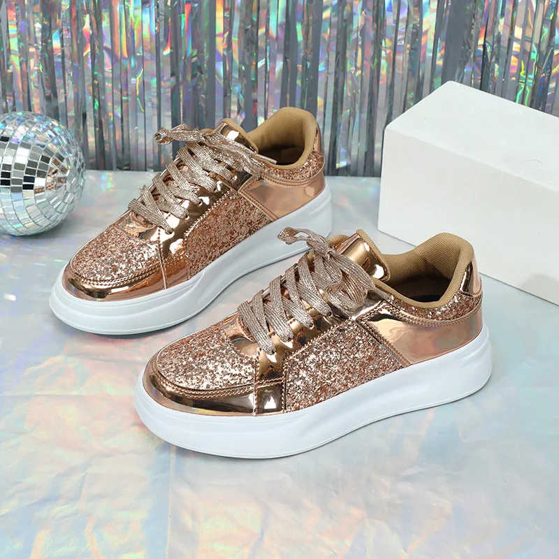 

2026 Women Platform Comfortable Vulcanized Shoes Stylish Lace Up Sequined Sneakers Breathable and Lightweight Outdoor Flat Shoes