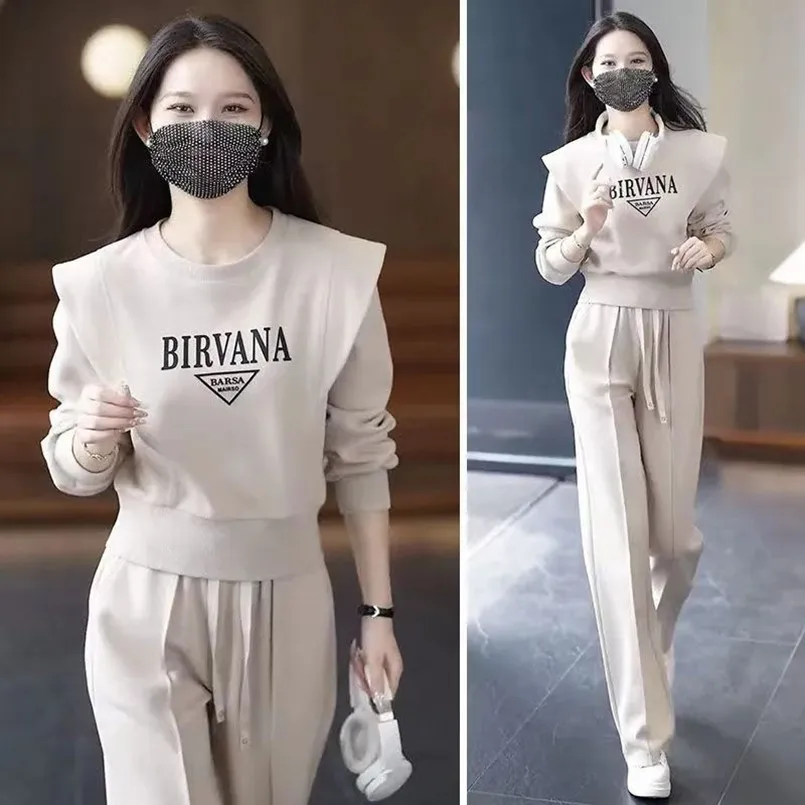 Leisure Sportswear Women\'s Set Autumn 2023 New Fashionable Loose Fitting Age Reducing Top Wide Leg Pants Two-piece Set