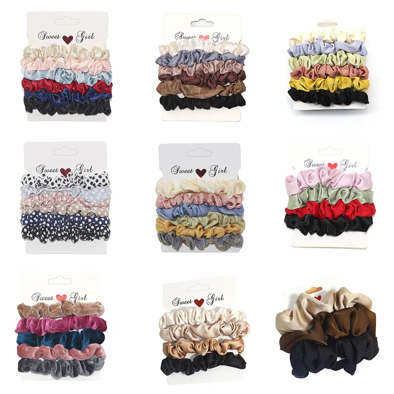 

5PCS Silk-Satin & Korean Velvet Scrunchies Set – Printed Skinny & Oversized Hair Ties from Yiwu