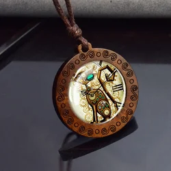Steampunk Cat Round Glass Wood Pendant Necklace for Men and Women
