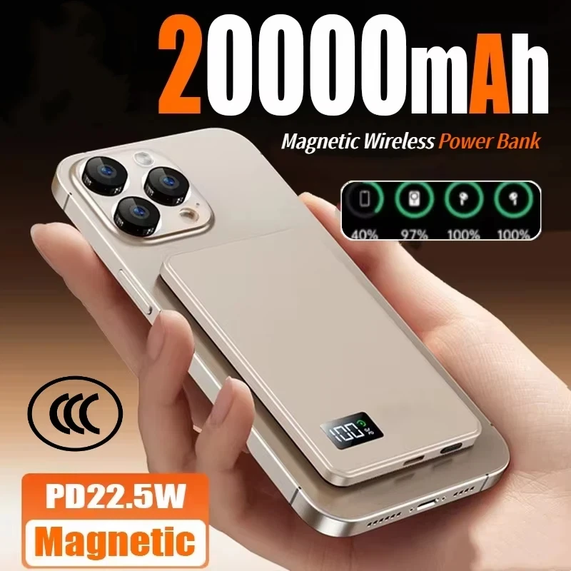 

Тонкий магнитный беспроводной внешний аккумулятор емкостью 20000 мАч PD 22,5 Вт, портативный внешний аккумулятор с быстрой зарядкой для Magsafe для iPhone Samsung 2025