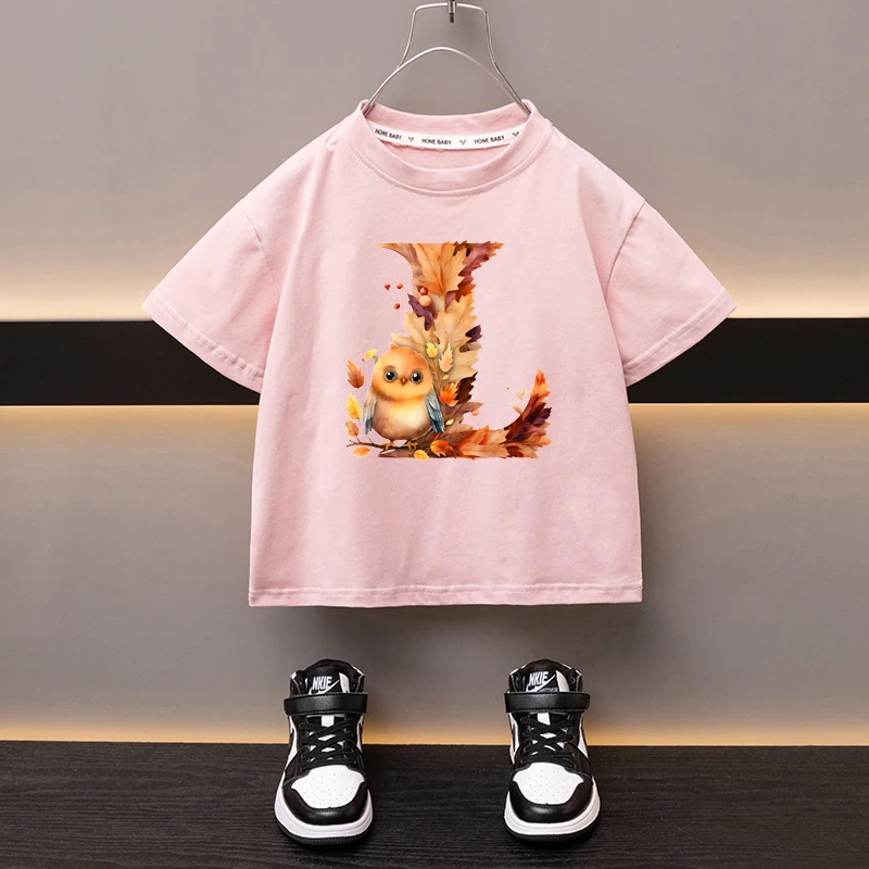 Maple Leaves Letter L Children T-shirt Kawaii Clothes for Girls T Shirt Anime Cartoons Casual Kid Boy Short Sleeve Tops New 2024