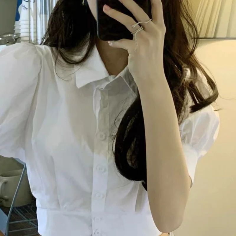 Shirts Women Summer White Vintage Solid Crop Tops Puff Sleeve All-match Preppy Style Chemise Femme Folds Students Chic New Ins