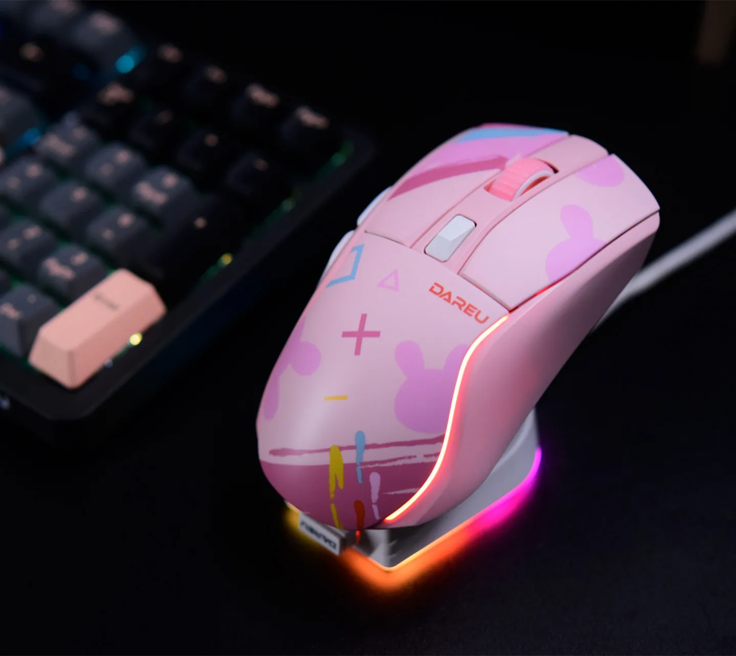 

Dareu A950 Tri-mode Connection Gaming Mouse Candy Pink 2.4G Wireless Bluetooth Game Mouse RGB Light With Charging Base For Girl