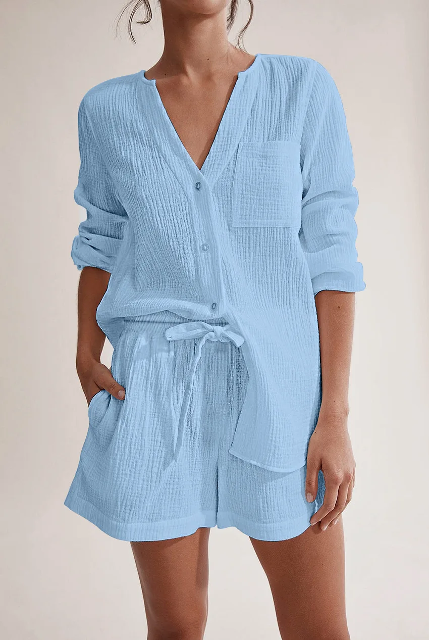 Chemise boutonnée à manches longues et col en V pour femmes, vêtements de nuit, short, coton double couche, vêtements de maison, mode, été, ensemble 2 pièces