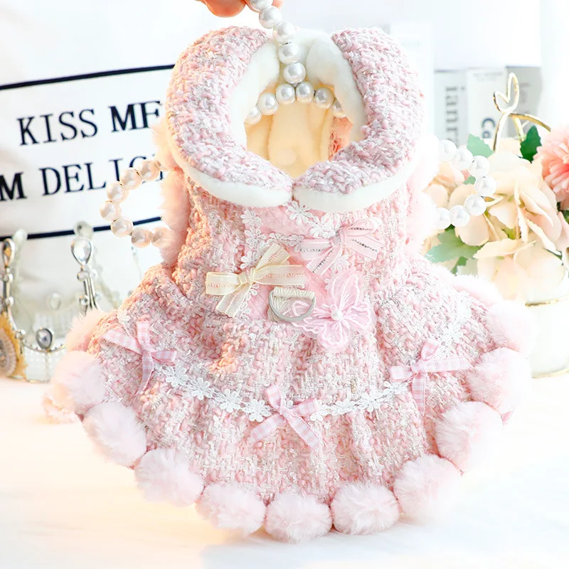 Lolita Princess Pet Clothes, Velvet Warmer Dress, Pink Ball Design for Small Dog, Teddy, New, Autumn, Winter,