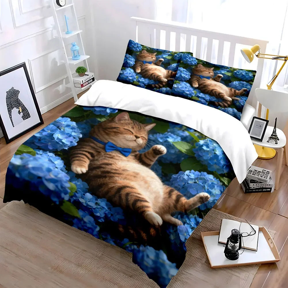 Ensemble décoratif sur le thème du chat Bliss, housse de couette douce et confortable, ensemble de literie comprenant 1 housse de couette et 2 taies d'oreiller, cadeau