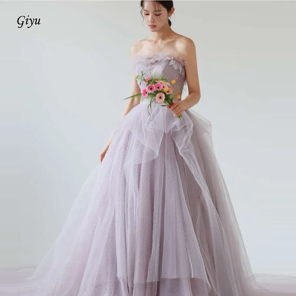 Giyu Elegant Dark Purple Tulle Wedding Dresses Korea Photoshoot Strapless Floor Length Corset Back Bridal Gowns Garden Evening