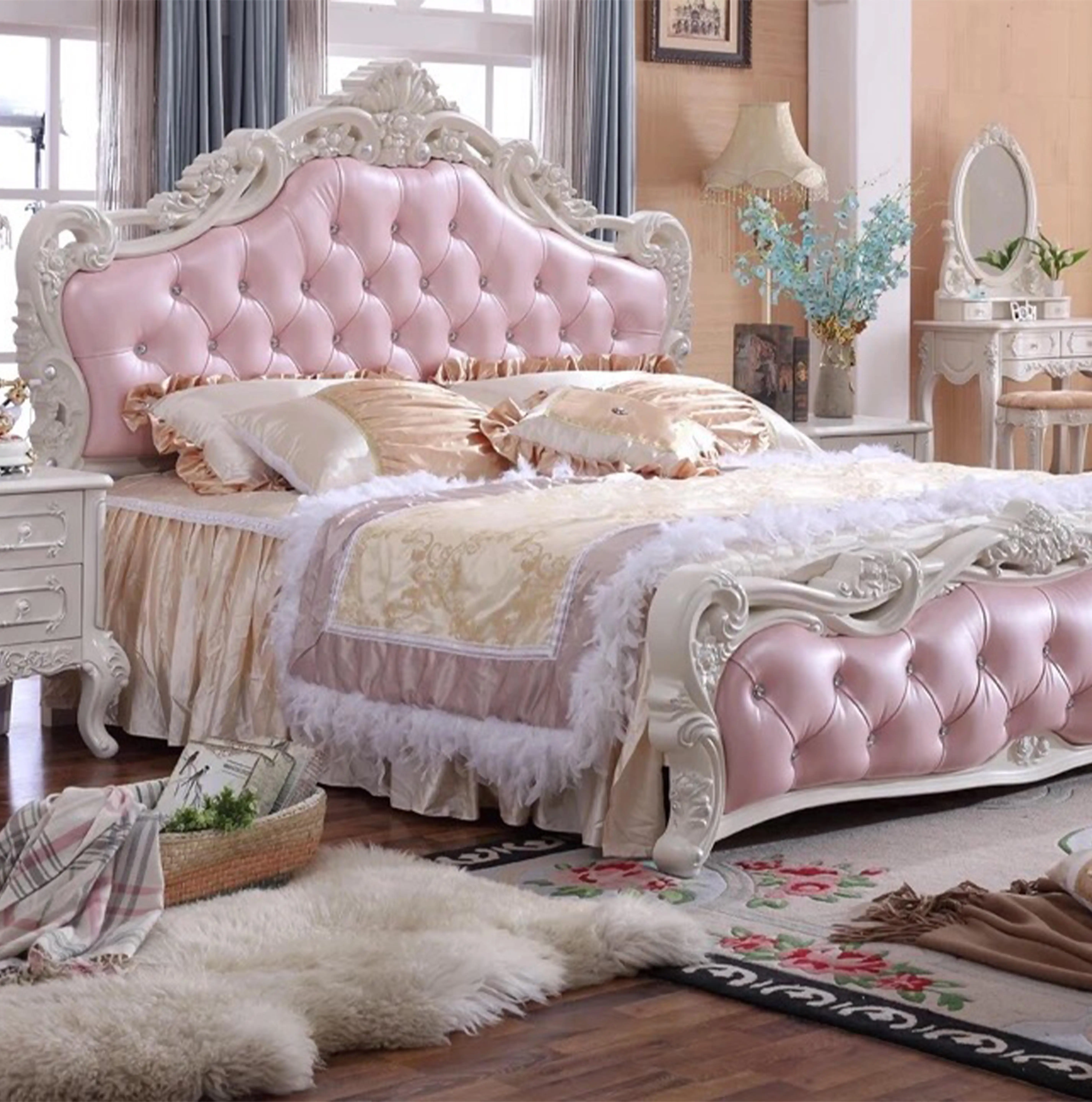 

For European Luxury Genuine Leather Bedroom Bed Set Classic Carved ABS Frame Princess Bed King Size Furniture Wedding Bed