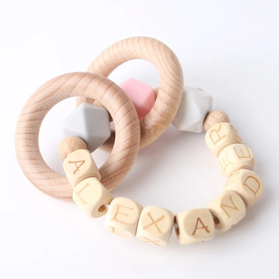 Unisex Beaded Bracelet Customize Name Baby Personalized Jewelry Silicone Hex Beads Baby Teether Wooden Bracelet