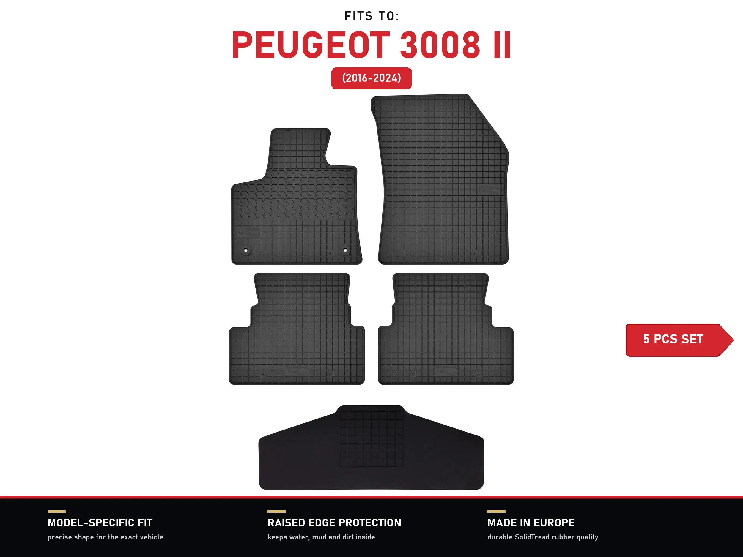 Tapis en caoutchouc pour tunnel de conduite pour : Peugeot 3008 II 2016-2024 5 pièces