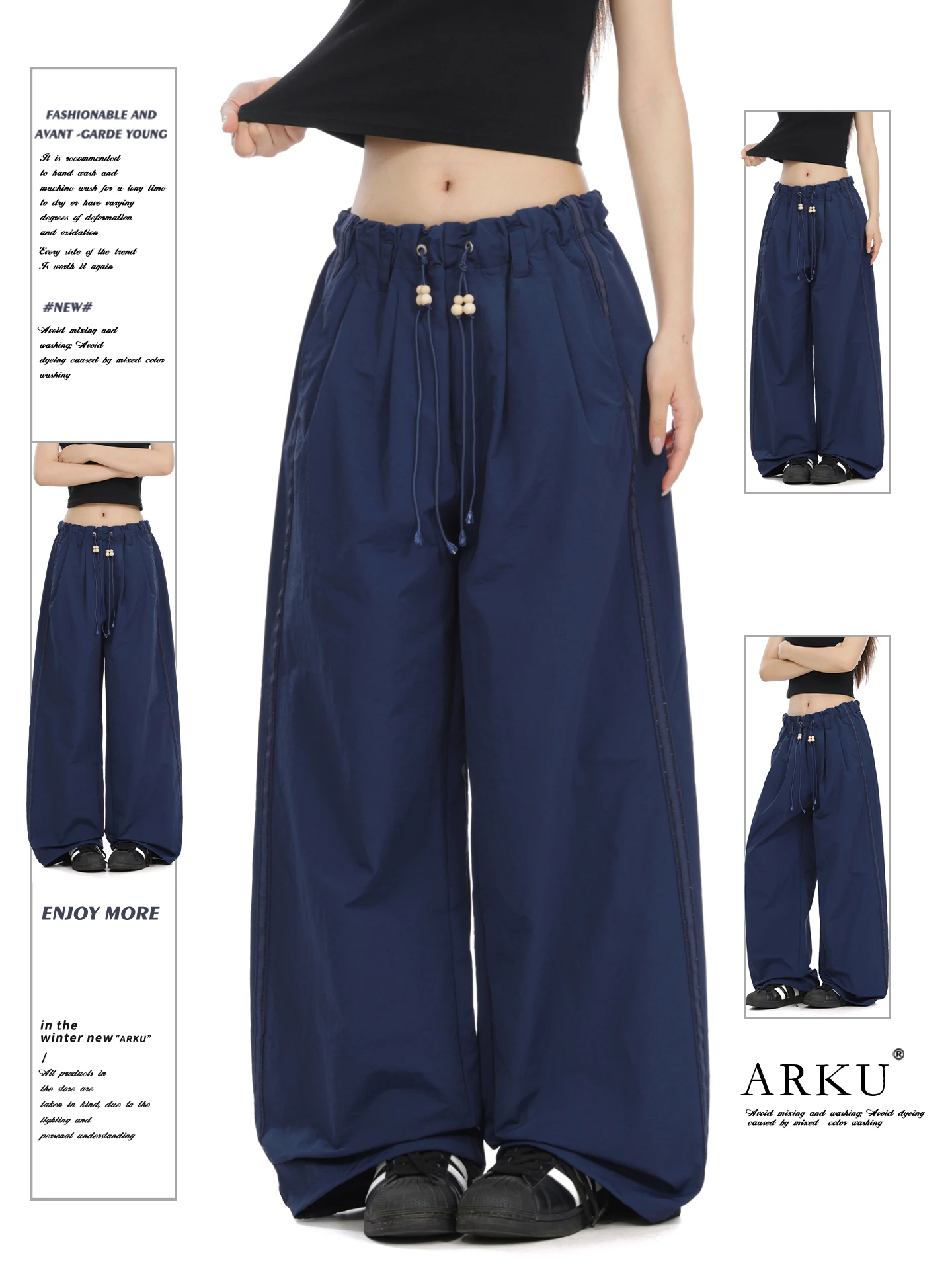 

American Retro Wide Leg Paratrooper Work Pants Women Loose Assault Paper Bag Pants Versatile Blue Straight Casual Pants