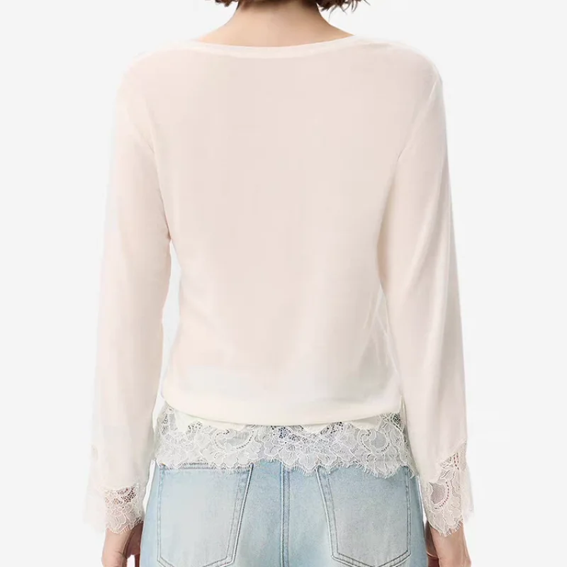 2026 Spring New Arrival High-Quality Lace Trim Round Neck Long Sleeve T-Shirt Fashionable Light Luxury Casual Loose Fit Top