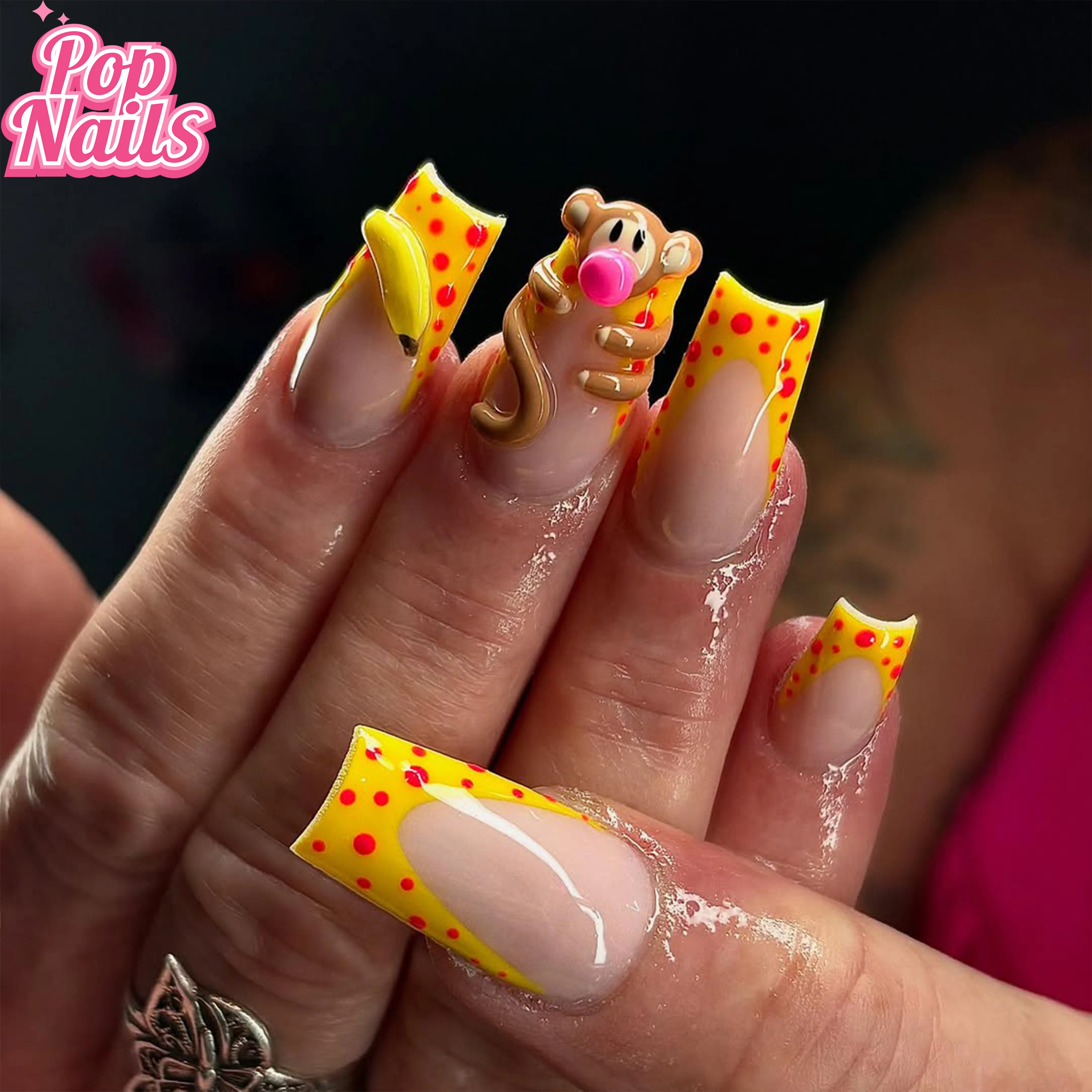 

Yellow Red 3D Monkey Handmade Press on Nails Acrylic Presson Homemade Square Nail Frech Tips Nail Art Y2k Monkey Press on Nails