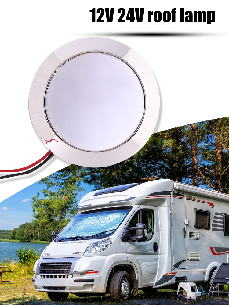 12V Round Shape Motorhome LED Lights 200LM Auto Dome Reading Lamp 1.8W 24 SMT LED Panel RV Ceiling Lamp for Boat Camping Trailer