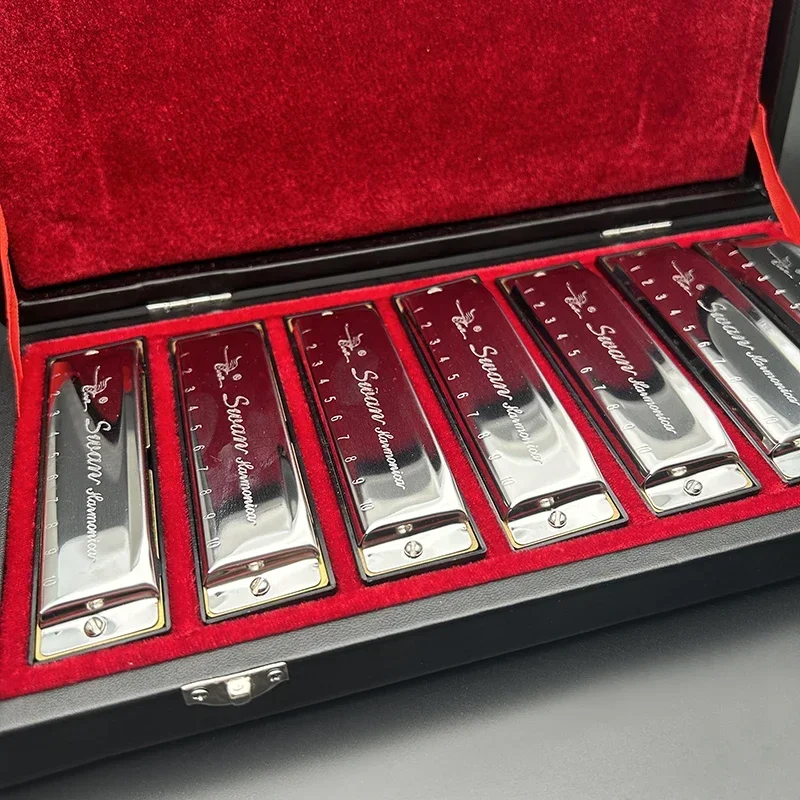 7 Pcs/Set Harmonica SWAN Bluesband Blues Harp Diatonic Harmonica Set with Case Wipes