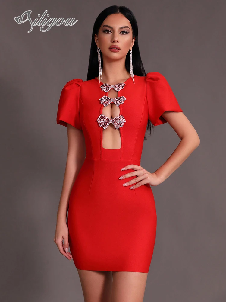 Ailigou 2024 New Summer Women's Red Black Sexy Short sleeved Diamond Bow Hollow Tight Mini Tie Dress Elegant Party Dress