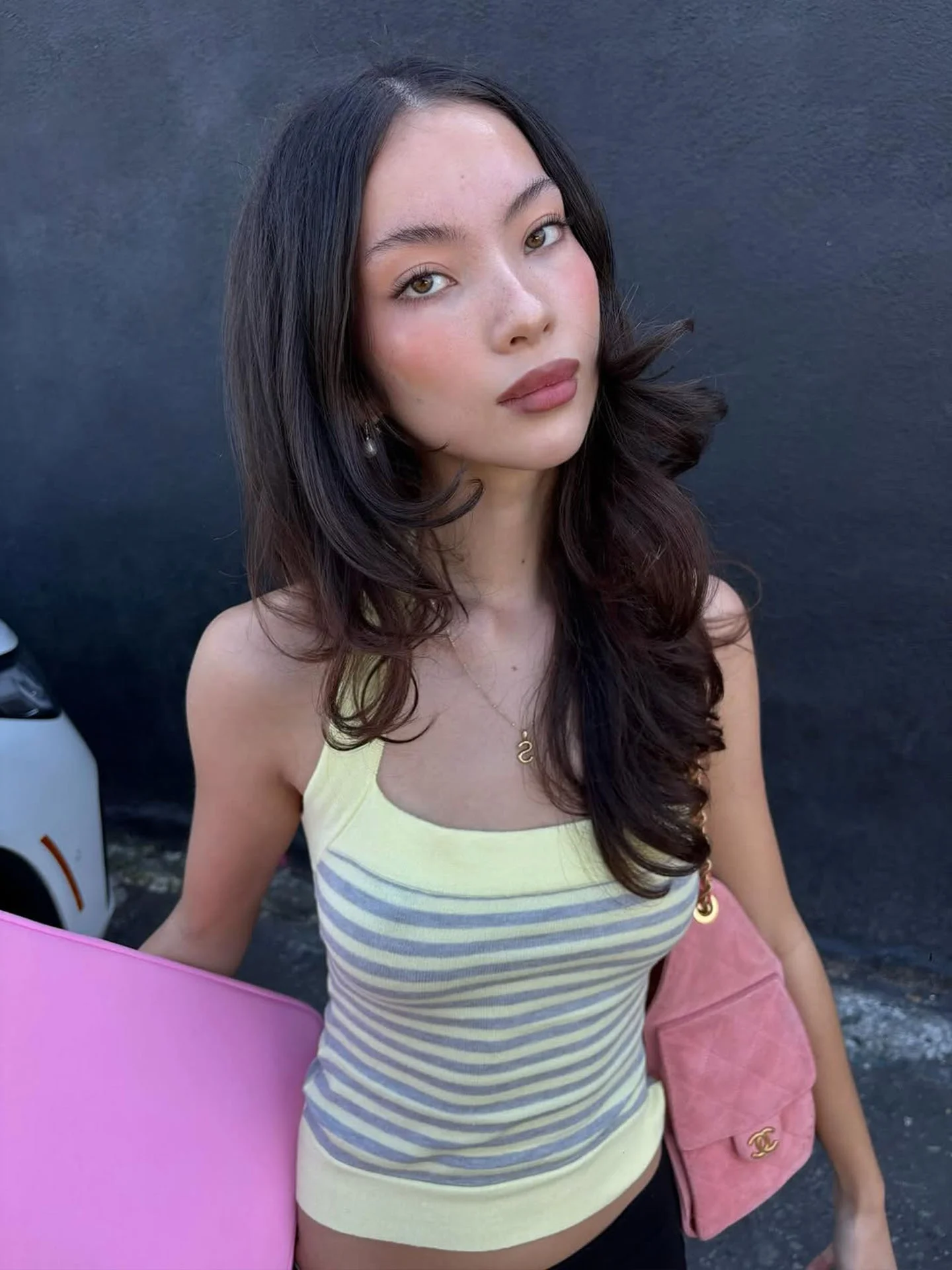 Frankies Bikinis Yellow Striped Tie Waist Short Top Neck Hanging Bikini Tank Top Women's Slim Fit High Elasticity U-Neck Knit...