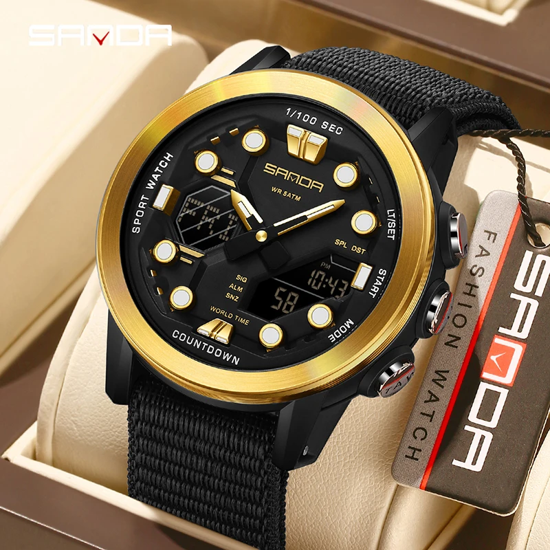 SANDA 3392 デュアルディスプレイ電子時計メンズナイロンストラップ + 29 タイムゾーン + 4 カウントダウン時計 + 曜日と日付表示学生用腕時計