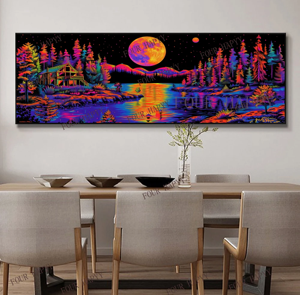 5D DIY Large Diamond Painting Cross Forest House Lake Colorful Night Landscape Wall Art, Full Round Drill, Embroidery Home Decor