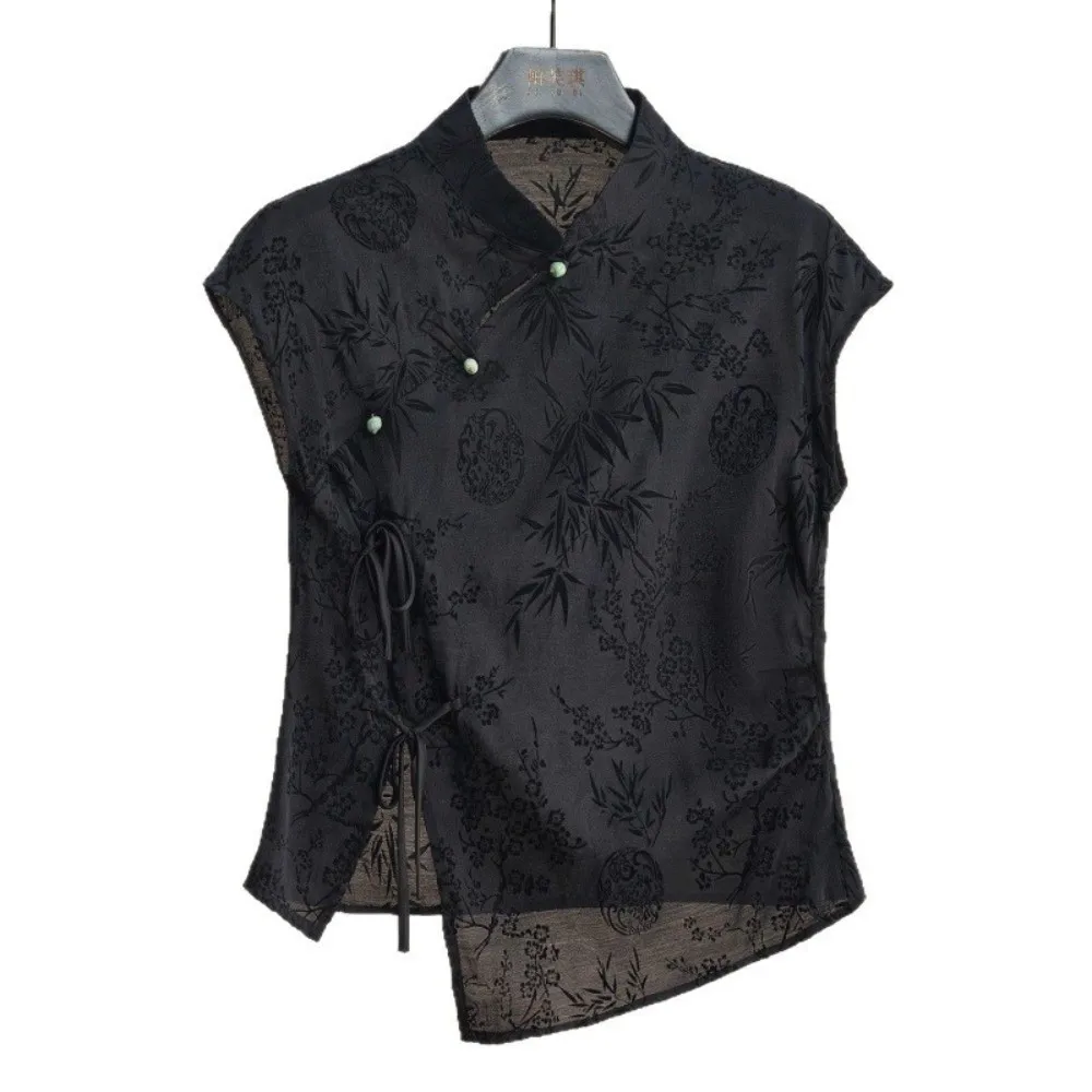 Thin Fabric Cheongsam T-Shirt Jacquard Weave Black Color New Chinese Style Top Short Sleeve Summer Weight Black Jacquard Shirt