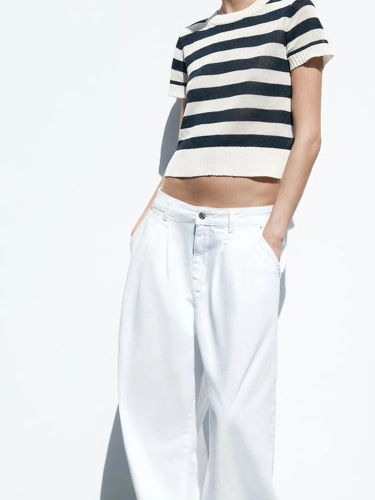 

European and American style women's summer new casual versatile round neck pullover short sleeve knitted striped top