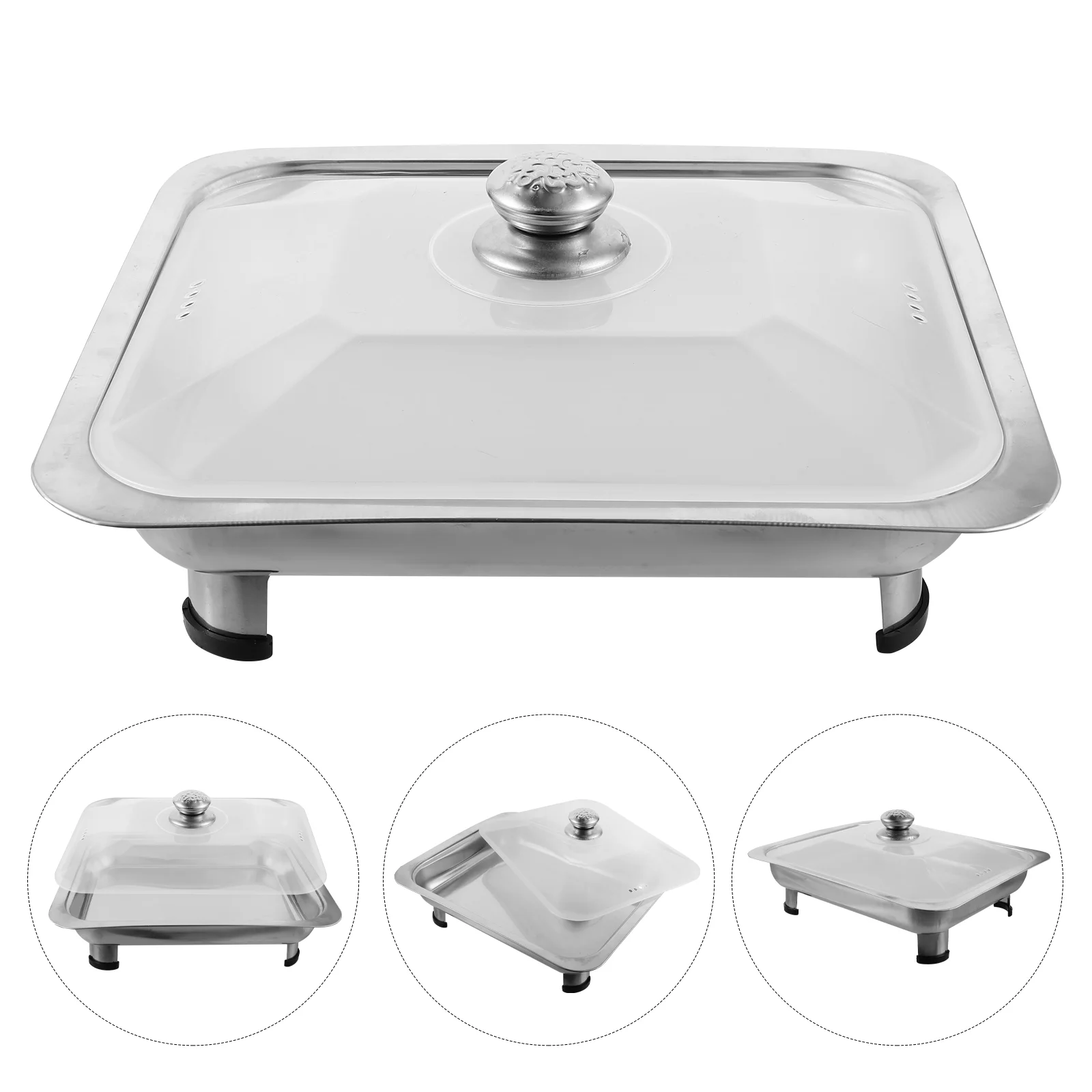

3Pcs Stainless Steel Buffet Serving Tray Rectangular Food Plate With Transparent Lid Anti Skid Canteen Dinnerware Set