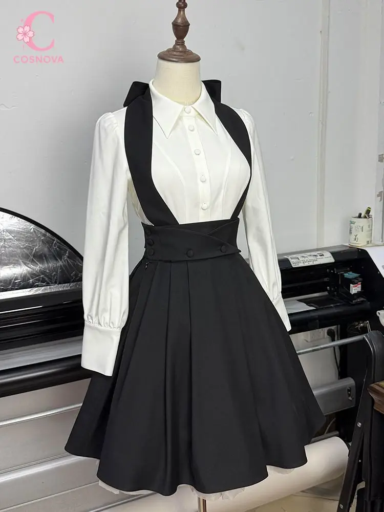 Japanese Vintage Preppy Two Piece Set Women Bow Puff Sleeve Long Sleeve Shirt High Waist Ruched Pleated Suspender Skirt Slim