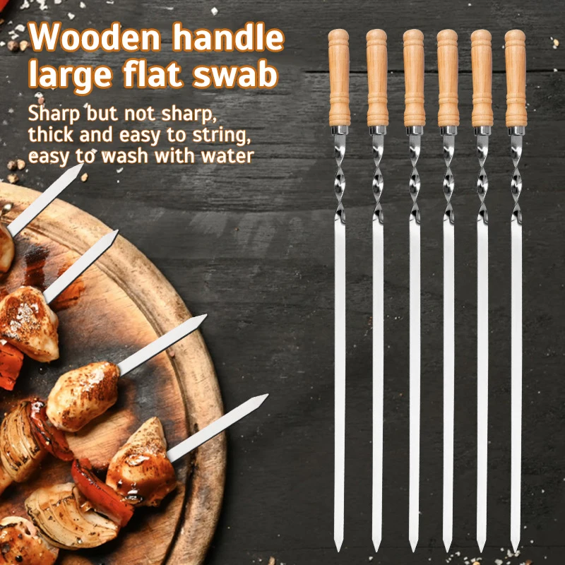 

6pcs Wood BBQ Fork Stainless steel Outdoors Grill Needle 55cm 21.65" Barbecue Grill Stick Long Handle Shish Kebab BBQ Skewers