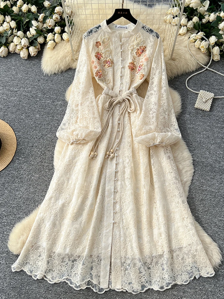 Abito francese in rete con paillettes con perline per unghie retrò per donna Primavera Autunno Elegante festa di compleanno Abito a maniche lunghe attillato in vita S255