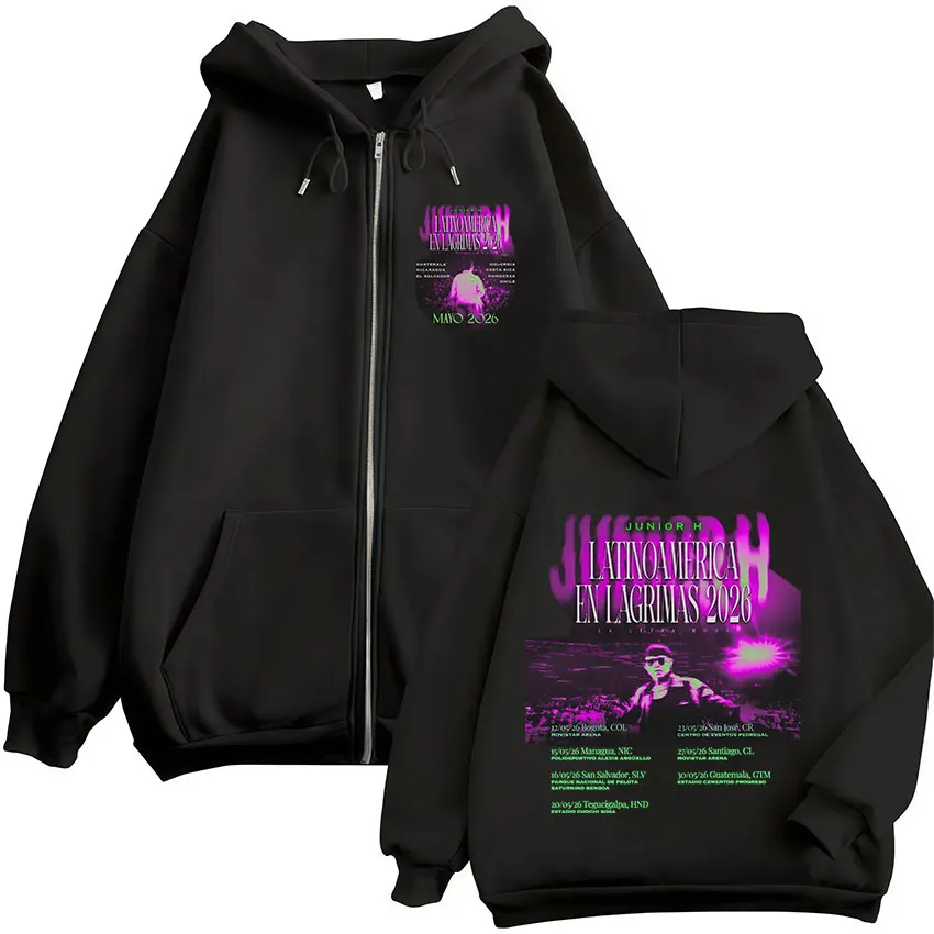 Sudaderas con capucha con cremallera Junior H Latinoamerica En Lagrimas Tour 2026 para hombre y mujer, moda casual, sudaderas con cremallera, ropa de calle