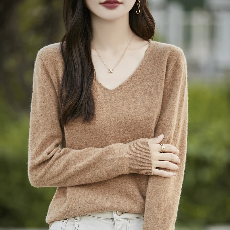 Nuevo suéter de lana para mujer, jersey de manga larga con cuello en V, prendas de punto suaves 30% de lana merina, Tops elegantes de Cachemira para primavera y otoño