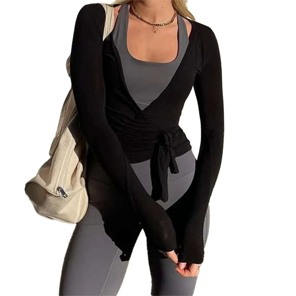Women Yoga Wrap Tie Tops Solid Long Sleeve Slim Fit Crop Tops Ballet Workout Yoga T-Shirts Tees Coquette Sweet Chic Tops