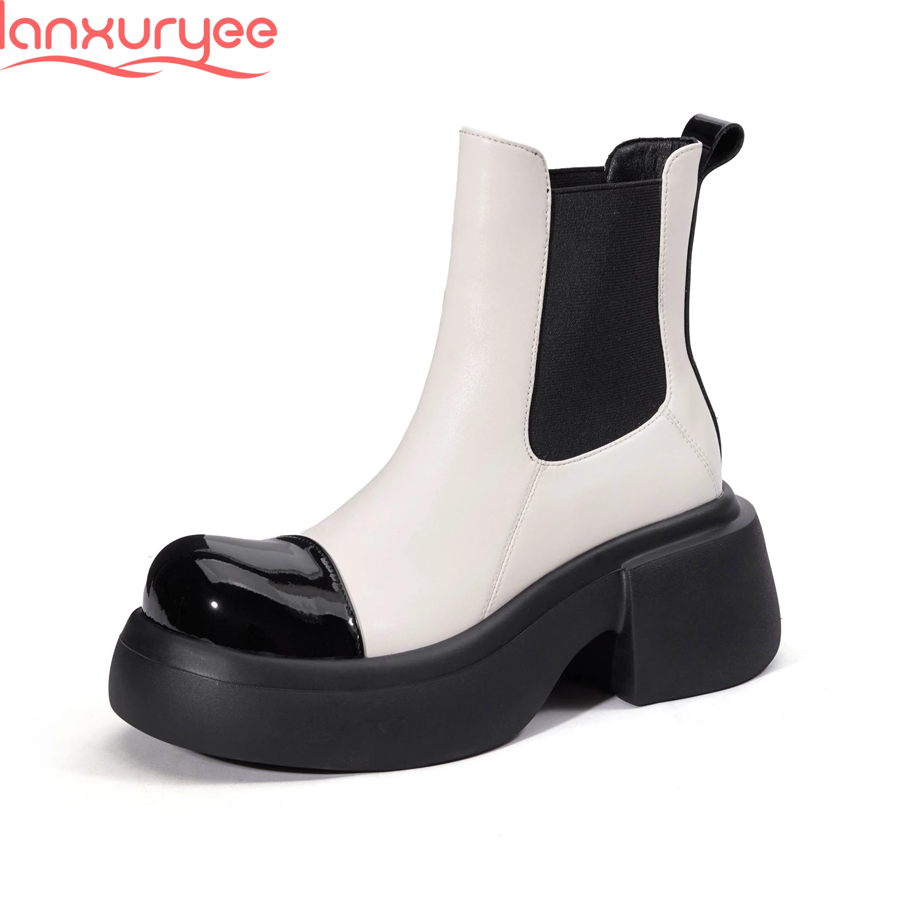 Lanxuryee 2026 Cow Leather Thick Bottom Modern Chelsea Boots Casual Winter Autumn Luxury Platform Mixed Colors Women Ankle Boots