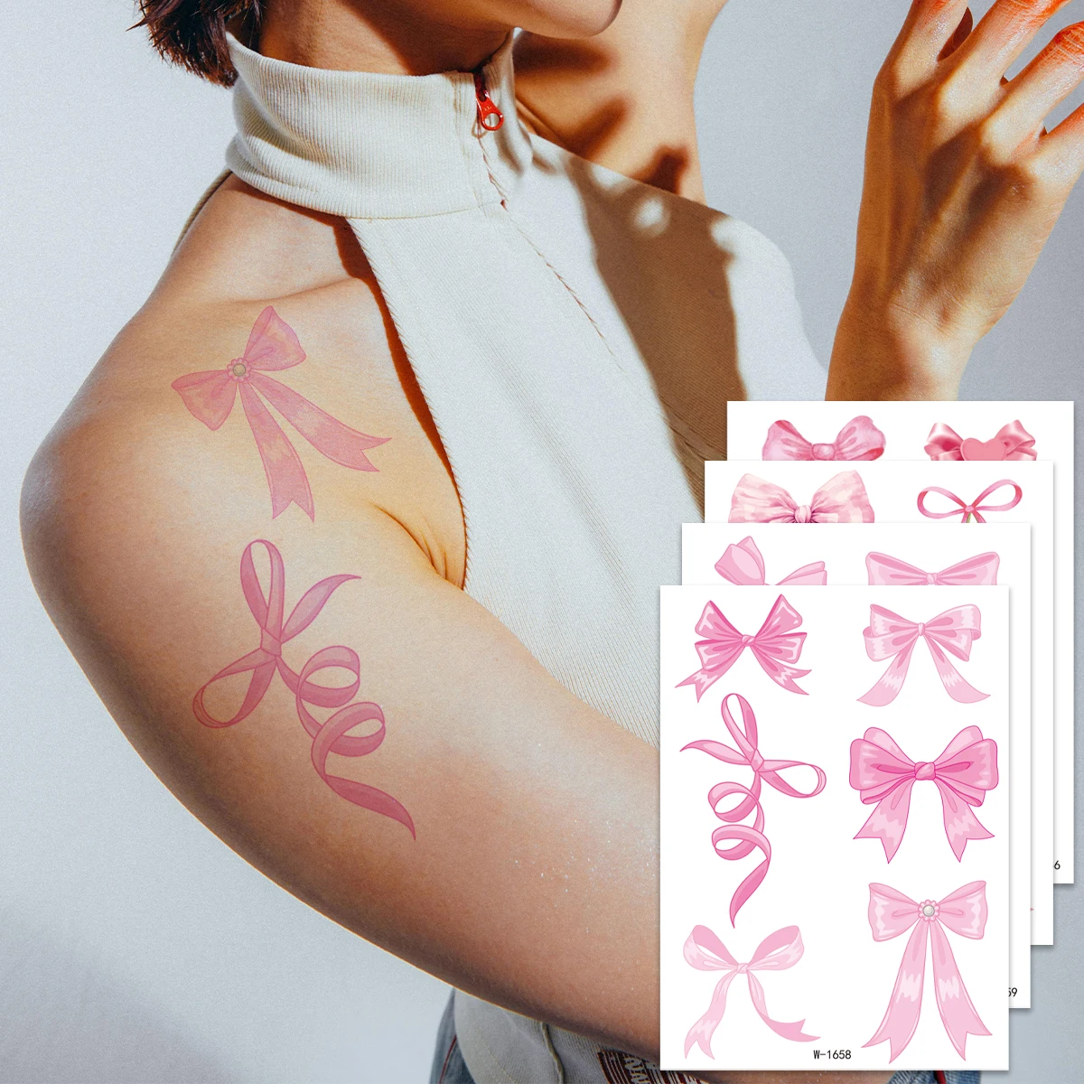 

4pcs Pink Bow Temporary Tattoo Sticker Waterproof Exquisite Bowknot Lace Tattoo Sticker For Party Body Art Fake Tattoo