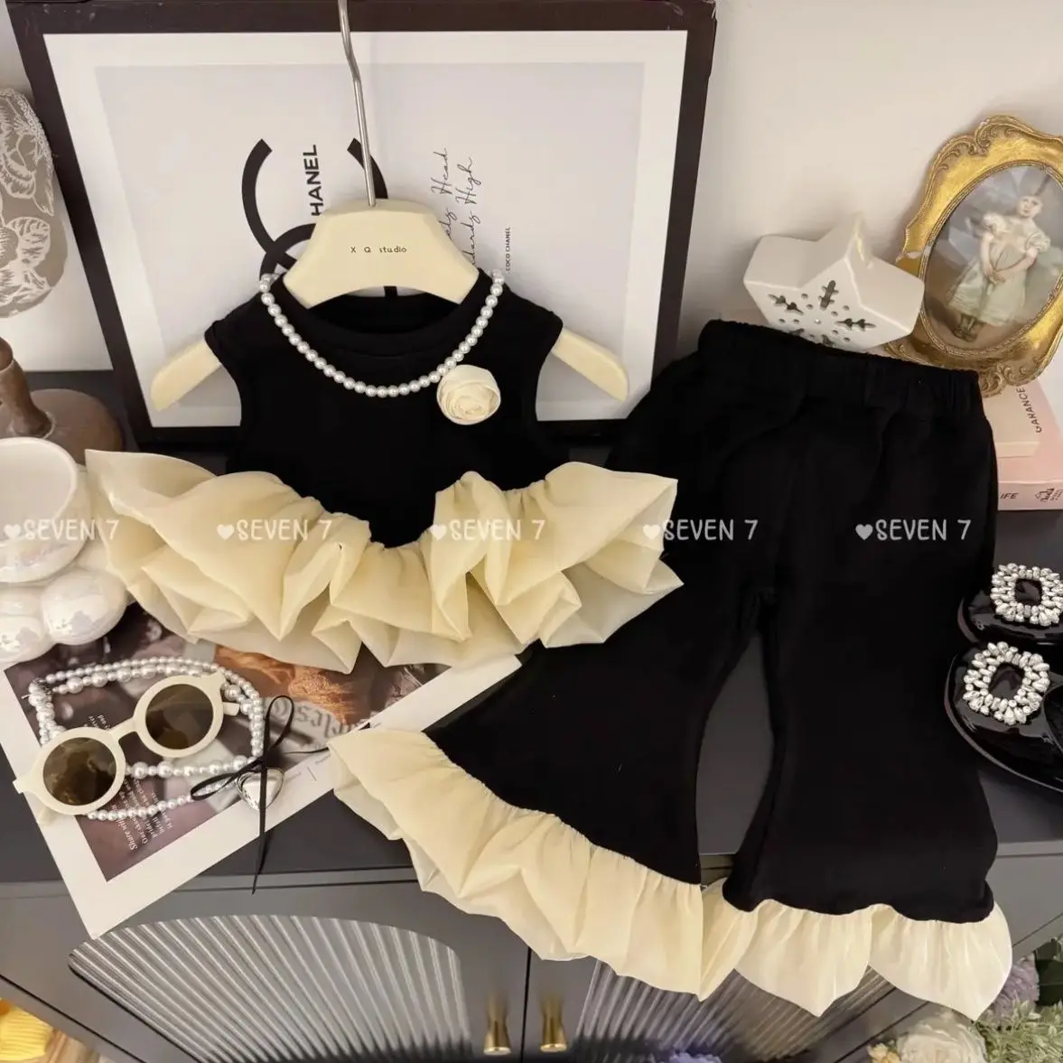 Children's Clothing Sets Rose Mesh Stitched Sleeved Top + Bell-bottom Pants 2pcs Sets Baby Girl Clothes Toddler Girl Clothes