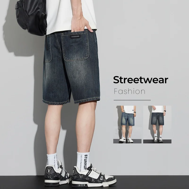 الرجال خمر الدنيم السراويل الصيف رقيقة أزياء مستقيم فضفاض السراويل القصيرة شخصية مريحة واسعة الساق جينز غير رسمي