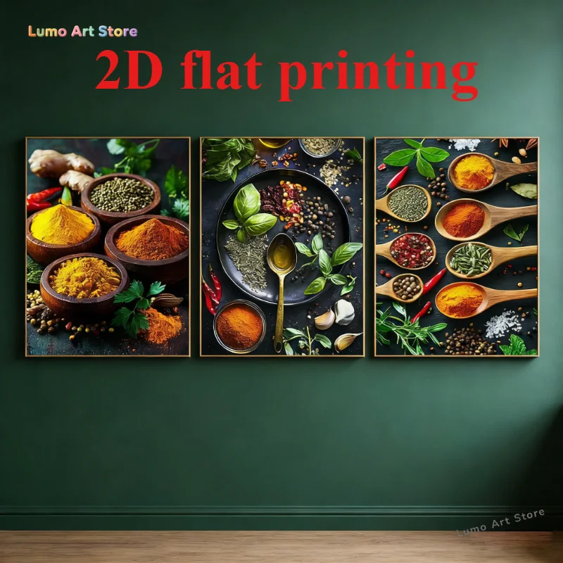 2D Flat, 2D Flat, Set of 3 Flat Printed Canvas Posters Featuring a Luxurious Retro Spice Ingredient Theme, Perfect for Decora
